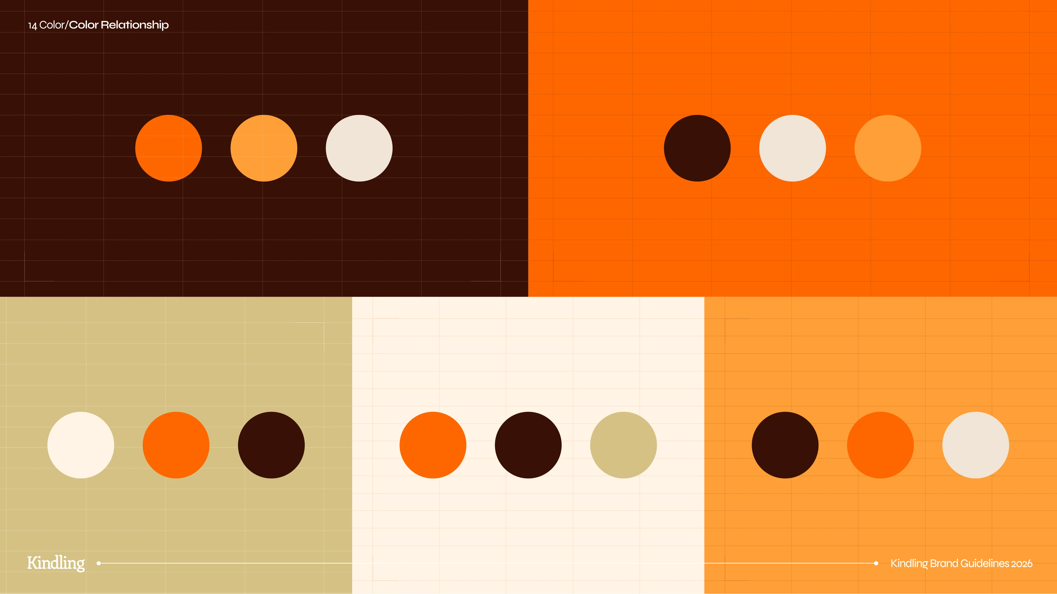 Kindling brand-guide colour relationships, pairing brown, orange, cream and sage across five gridded panels.